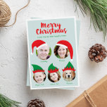 Carte de vacances de Noël de la famille de cinq me<br><div class="desc">Envoyez une carte de vacances légère et amusante cette année qui fait de vos photos de famille le centre d'attention avec les casquettes de Père Noël et d'elfe festifs. Pour que vos photos correspondent à l'espace, vous devez cliquer sur le bouton bleu "Customiser !", choisir la photo que vous voulez...</div>