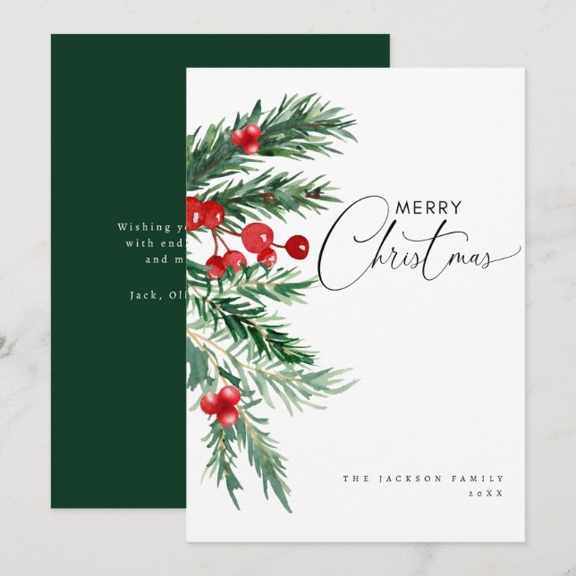 Carte de vacances de Noël de pin et de baies d'aqu (Devant / Derrière)