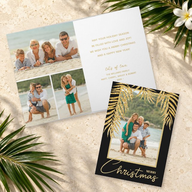 Carte de vacances de Noël multiphoto tropicale pli (Faux gold glitter palms black tropical Christmas folded photo cards, PRINTED and/or INSTANT DOWNLOAD)