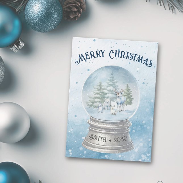 Carte de vacances de Noël pour animaux de bois (Winter Woodland Creatures snow globe christmas card)