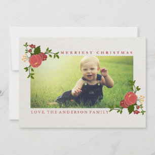 Carte de vacances de Noël Rouge Floral Bouquet Pho