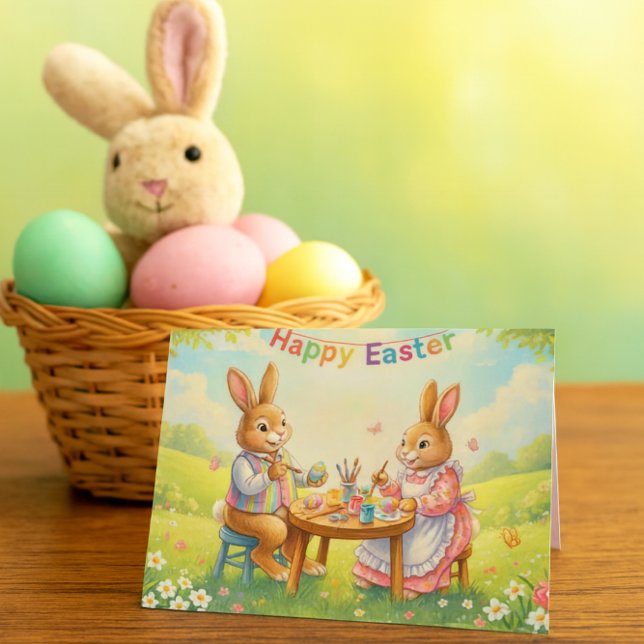 Carte de vacances de Pâques Lapins de Pâques color (Sweet Easter card featuring illustrated bunnies, pastel eggs, and spring details)