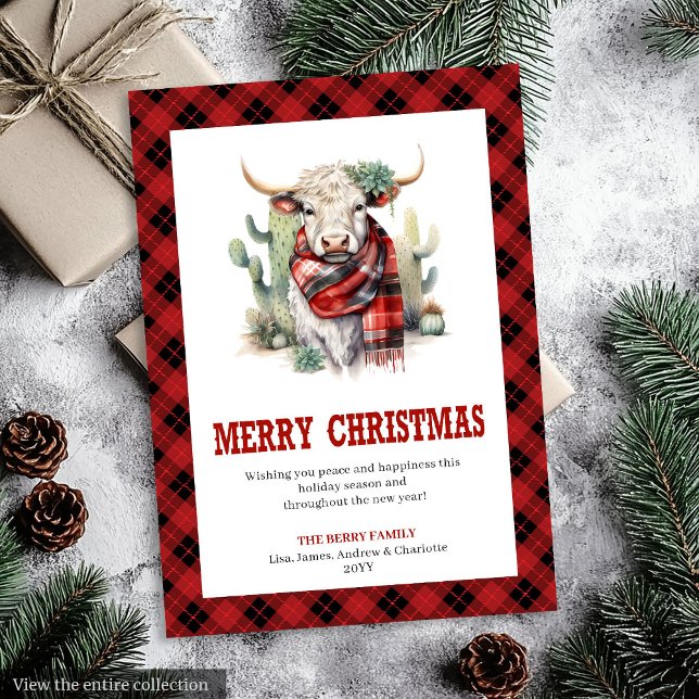 Carte de vacances de ranch occidental à carreaux r (Western Ranch Plaid Buffalo Holiday Card)