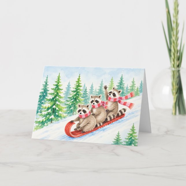 Carte de vacances d'hiver à l'aquarelle de ratons  (Devant)