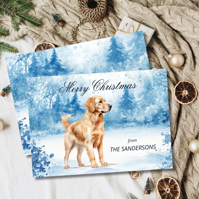 Carte de vacances d'hiver à l'aquarelle Golden Ret (Snowy Golden Retriever Christmas holiday card)