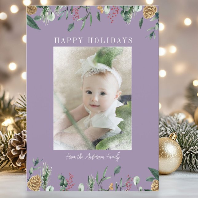 Carte de vacances d'hiver avec photo de verdure re (Winter Greenery Snow Bokeh Photo Holiday Card)
