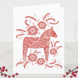 Carte de vacances du Cheval de Dieu Jul Dala<br><div class="desc">Un Dala Horse traditionnel suédois ou norvégien en rouge et blanc. Art original de Nic Squirrell. Changez le salut et le nom de Dieu juil pour personnaliser.</div>