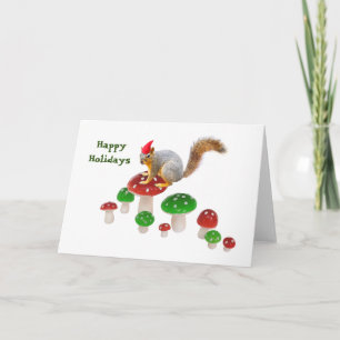 Carte de vacances écureuil avec champignons rouges