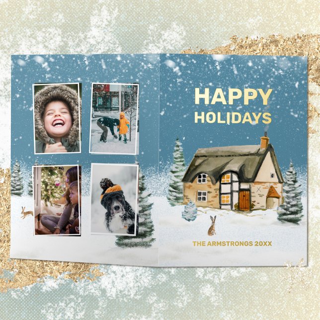 Carte De Vacances En Aluminium Aquarelle d'hiver Foyer Photo de famille (Winter Watercolor Farmhouse Family Photo Foil Holiday Card ©Susanne Sachers - Sunny Mind 🌞)