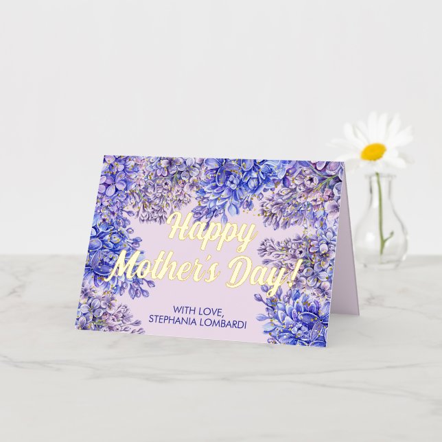 Carte De Vacances En Aluminium Aquarelle Purple Lilac Fleurs Mère's Day Gold (Petite fleur)