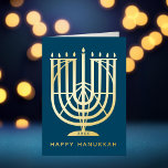 Carte De Vacances En Aluminium Art Déco Hanukkiah Menorah Bonne Hanoukka<br><div class="desc">Souhaitez à vos amis et à votre famille "Happy Hanoukka" avec cet art déco inspiré hanukkiah,  avec des couleurs éditables de la menorah et de l'arrière - plan. Photo facultative à l'intérieur.</div>