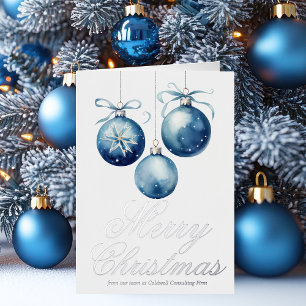 Carte De Vacances En Aluminium Chic Bleu Joyeux Ornement de Noël Entreprise Argen