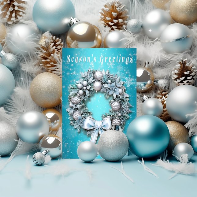 Carte De Vacances En Aluminium Elégant bleu Turquoise et argent de la couronne No (Whimsical Teal Blue and Silver Wreath Foil Christmas Greeting Card)
