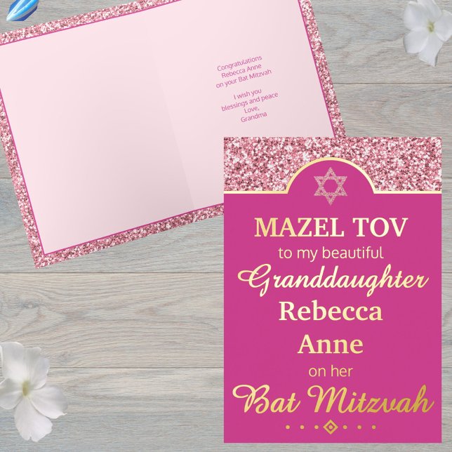 Carte De Vacances En Aluminium Glam Pink Petite-fille Niece Bat mitzvah Gold (Change Granddaughter to Niece or Daughter or Sister etc. for your unique Bat Mitzvah greeting card)