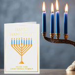 Carte De Vacances En Aluminium Happy Hanoukka Menorah Elegant Custom Gold<br><div class="desc">Mignonne feuille d'or sur mesure Bonne carte Hanoukka pour une famille juive ou un parti Chanukah avec une synagogue. Personnalisez avec votre nom de famille ou des informations de groupe sous la jolie menorah bleue.</div>