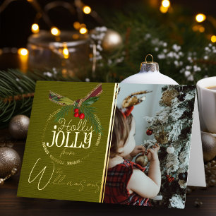 Carte De Vacances En Aluminium Holly Jolly Rouge Noël Avec Holly Berry Gold