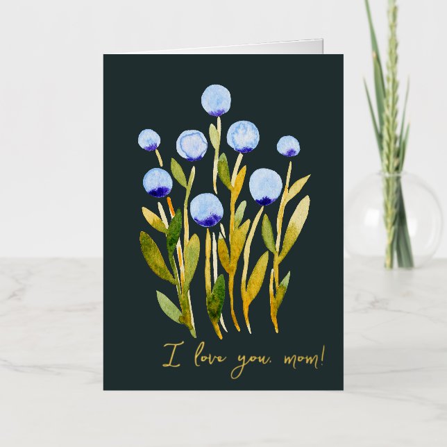 Carte De Vacances En Aluminium Je t'aime maman fleurs d'aquarelle bleu minime (Recto)