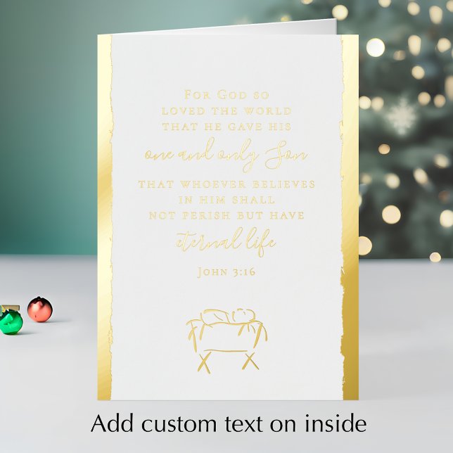 Carte De Vacances En Aluminium John 3:16 Personalized Elegant Christmas Gold (Personalize the inside of this Christmas card template. Gold foil nativity John 3:16 scripture card.)