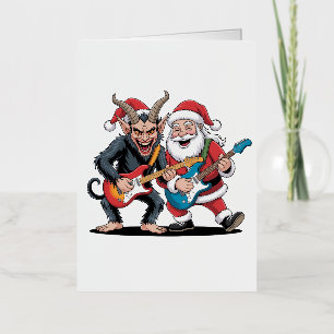 Carte De Vacances En Aluminium Krampus et Père Noël Jouer à la guitare électrique
