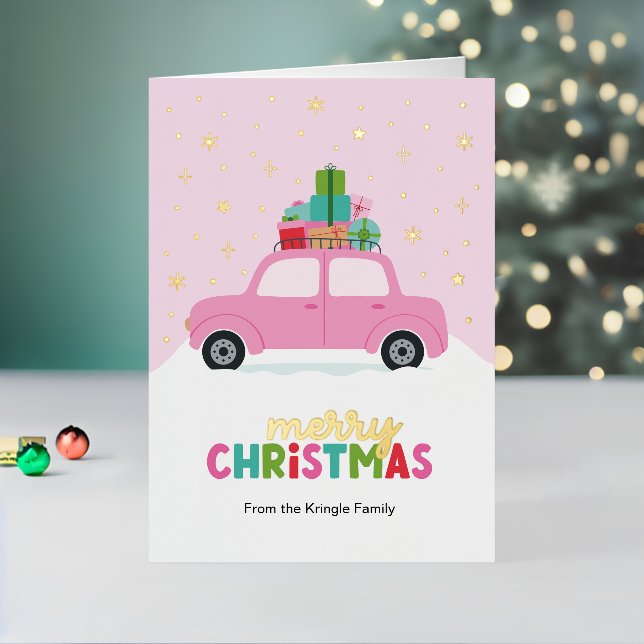 Carte De Vacances En Aluminium Merry Christmas Cars with Gifts in Pastel Pink (Vacances In Situ 2)