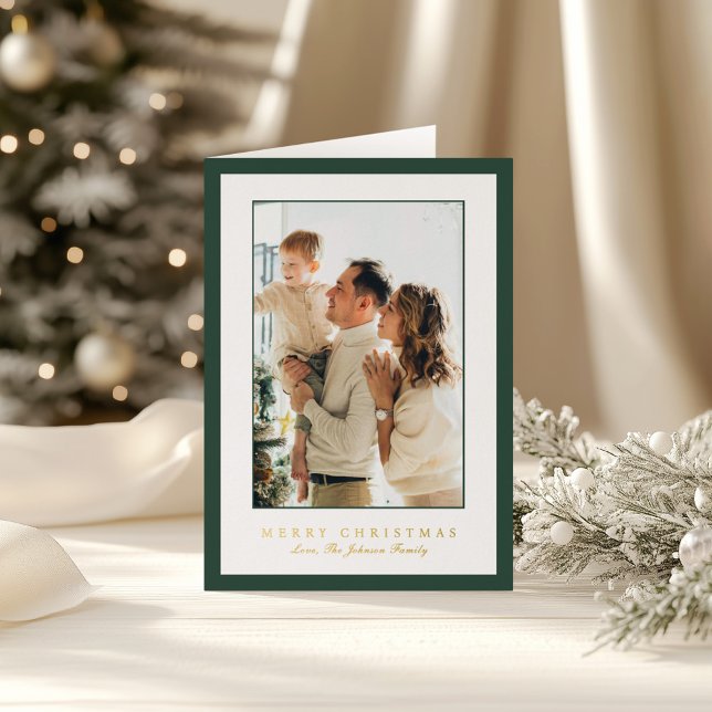 Carte De Vacances En Aluminium Minimal Green Border Photo Elegant Christmas (Créateur téléchargé)