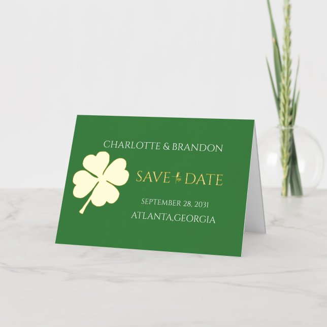 Carte De Vacances En Aluminium Moderne Green Irish Four Leaf Clover Sauvez la dat (Recto)