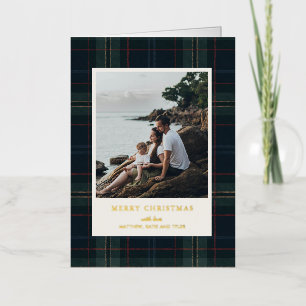 Carte De Vacances En Aluminium Noël photo élégant carreau bleu marine et vert