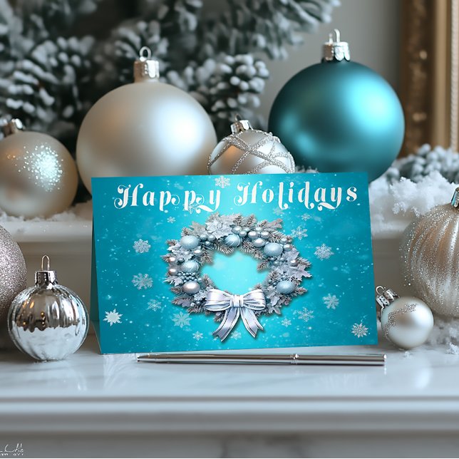 Carte De Vacances En Aluminium Noël Turquoise Bleu et Argent Wreath (Winter Blue  and Silver Wreath Happy Holiday Christmas Card )