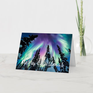 Carte De Vacances En Aluminium Northern Lights Winter Forest Joyeux Noël