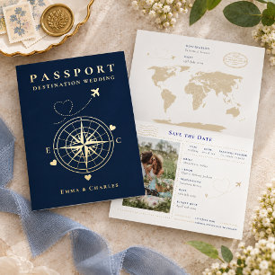 Carte De Vacances En Aluminium Passeport Bleu Nuit Or Mariage Save The Date