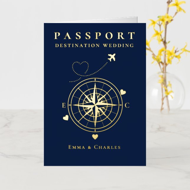 Carte De Vacances En Aluminium Passport Navy Blue Gold Wedding Save The Date (Fleur jaune)