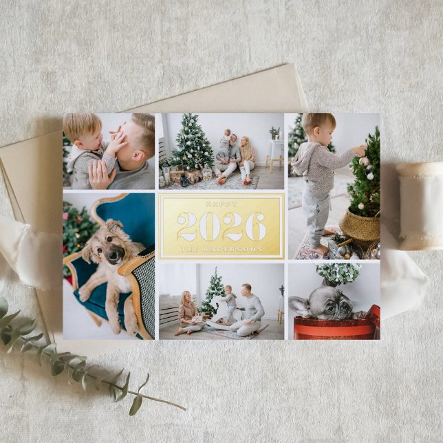 Carte De Vacances En Aluminium Photo Collage de la nouvelle année 2025 (Send 2026 new year cheer with this customizable gold foil photo collage Happy New Year Card. )