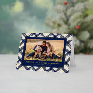Carte De Vacances En Aluminium Photo de famille Joyeux Noël à carreaux Navy
