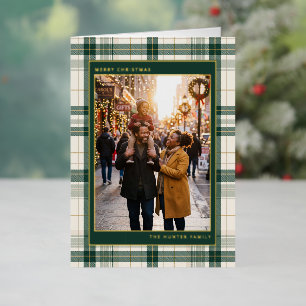 Carte De Vacances En Aluminium Photo de famille Joyeux Noël Tartan Vert à Carreau