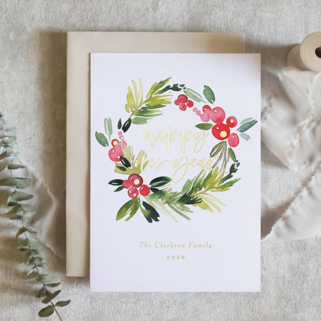 Carte De Vacances En Aluminium Pin d'aquarelle et Wreath Holly Bonne année (Créateur téléchargé)