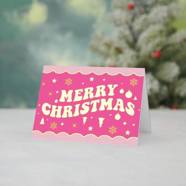Carte De Vacances En Aluminium Pink Retro Groovy Merry Christmas (Vacances In Situ)