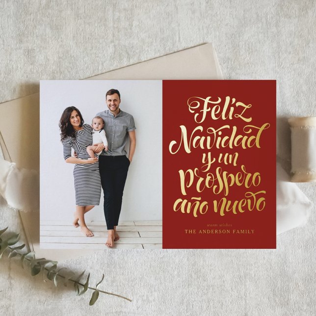 Carte De Vacances En Aluminium Red Feliz Navidad Script Photo de Noël (Créateur téléchargé)