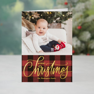 Carte De Vacances En Aluminium Russe Red Buffalo Plaid Joyeux Noël Photo