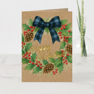 Carte De Vacances En Aluminium Rustique Holly Wreath Bleu Noir À damiers Bow