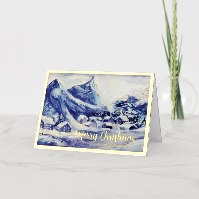 Carte De Vacances En Aluminium Snowy Mountain Village Christmas Foil Holiday Card (Recto)