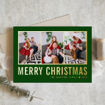 Carte De Vacances En Aluminium Typographie classique Collage photo Noël vert<br><div class="desc">Joyeux Noël! Envoyez vos souhaits chaleureux cette saison avec cette carte de collage photo de Noël personnalisable. Il présente une typographie simple sur un arrière - plan vert. Personnalisez en ajoutant trois photos, noms, année et autres détails. Cette carte de Noël en feuille d'or moderne est disponible en d'autres couleurs...</div>