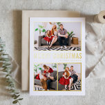 Carte De Vacances En Aluminium Typographie moderne Noël Trois photos<br><div class="desc">Joyeux Noël! Envoyez des voeux de Noël à votre famille et à vos amis avec cette carte photo de Noël personnalisable en feuille d'or. Il présente une typographie simple et un sapin de Noël. Les textes sont entièrement personnalisables pour tous les salutations. Cette carte de Noël moderne est disponible en...</div>