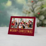 Carte De Vacances En Aluminium Typographie Photo Collage Bourgogne Noël<br><div class="desc">Joyeux Noël! Envoyez vos souhaits chaleureux cette saison avec cette carte de collage photo de Noël personnalisable. Il présente une typographie simple sur un arrière - plan bordeaux. Personnalisez en ajoutant trois photos, noms, année et autres détails. Cette carte de Noël en feuille d'or bouho est disponible en d'autres couleurs...</div>