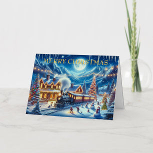 Carte De Vacances En Aluminium Village magique du train de Noël en hiver