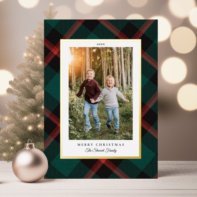 Carte De Vacances En Aluminium Vrai Foil Rouge Vert Plat Noël (Real Foil Red Green Plaid Christmas Foil Holiday Card with 1 photo)