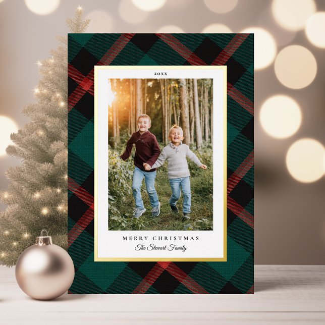 Carte De Vacances En Aluminium Vrai Foil Rouge Vert Plat Noël (Real Foil Red Green Plaid Christmas Foil Holiday Card with 2 Photos)
