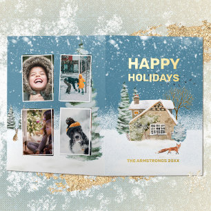Carte De Vacances En Aluminium Winter Wonderhouse Farmhouse Fox Snow Watercolor
