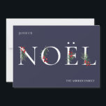 Carte de vacances en bois NOEL ornée<br><div class="desc">Bouges botaniques d'hiver,  branches et baies,  ornées "NOEL" en blanc festif et bleu marine.</div>