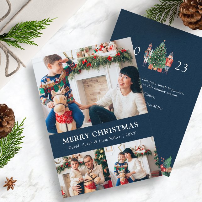 Carte de vacances en collage de photos bleues (2023 Nutcracker Navy Blue Photo Collage Holiday Cards)