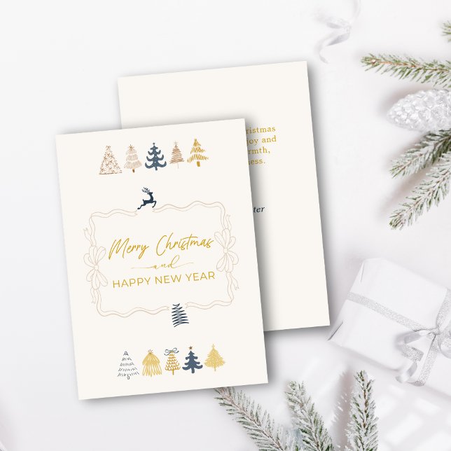 Carte de vacances en crème gribouillée avec un élé (Elegant Bow & Chic Trees Doodle Cream Holiday Card)